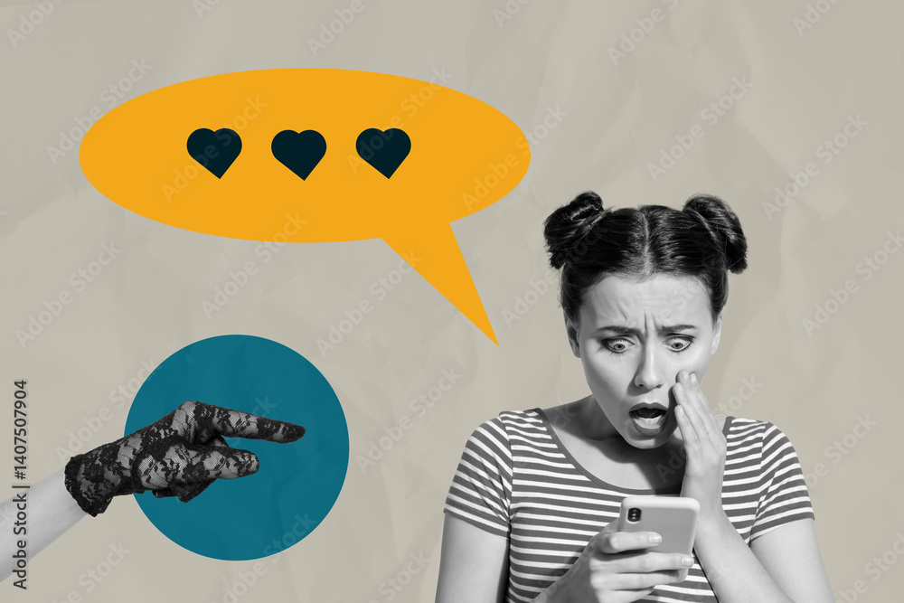 Poster abstract collage of person having speech bubble with like icon hand gesture over khaki background