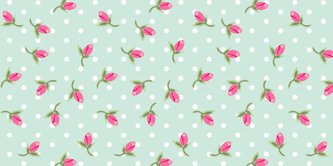 Cute Pink Rosebuds and White Polka Dots Pattern