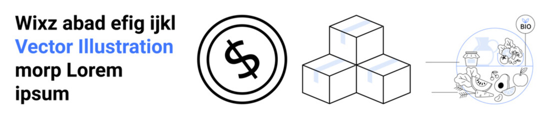 Dollar coin symbol near geometric cubes and cartoon characters engaged with microscope, books, and nature. Ideal for finance, logistics, education, learning, discovery, creativity abstract line flat