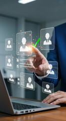  Talent Selection: Hand Selecting Candidate on Virtual Interface. HR Recruitment, Hiring, Job Search. Digital Assessment & Management.