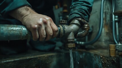 Plumber fixing a leaking pipe in a basement. Featuring problem-solving and focus