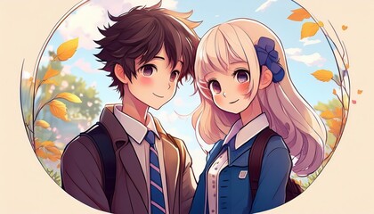 Cute Kawaii Anime Schoolgirls Sharing a Romantic Moment in a Schoolyard at Sunset, Embracing in a Blush of Pastel Colors and Cherished Memories.