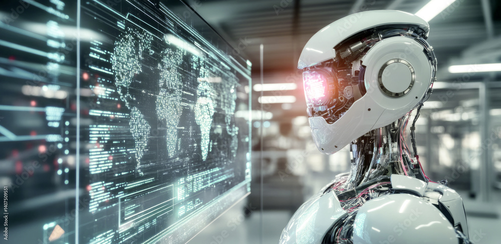 Poster A humanoid robot stands in a high-tech laboratory, observing complex data displays. The environment reflects advanced technology, focusing on the essence of consciousness and synthetic identity.