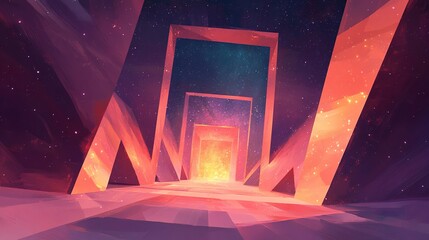 A receding perspective down a futuristic corridor features angled doorways illuminated by warm orange light against a backdrop of starry deep space, evoking mystery and exploration.