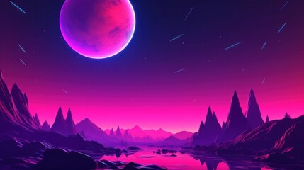 Vibrant Neon Landscape with Planet and Shooting Stars in Fantasy Scene