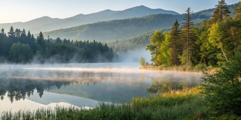 Double exposure: foggy pond, forest depths, and majestic mountains unite in an AI-generated watercolor.