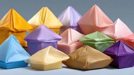 Pastel-colored reusable beeswax wraps are neatly arranged, showcasing a variety of shapes. Ideal for eco-friendly food storage, these wraps combine functionality and style. Perfect for kitchen use