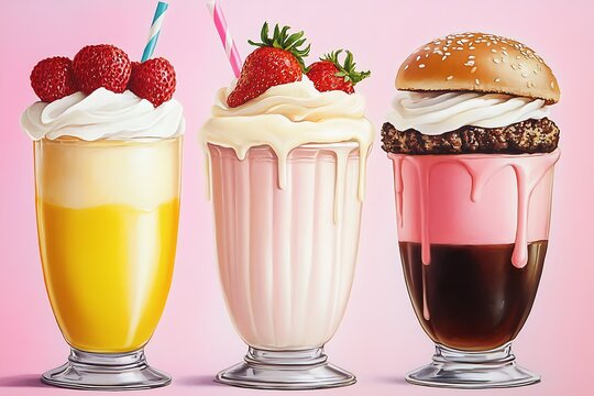 Delicioso Variado de Batidos con Frutas y Crema Sobre Fondo Rosa