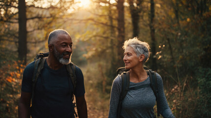 A middle-aged couple walks hand in hand along a forest trail, sharing smiles as sunlight pours through the trees. They are engaged in a leisurely hike, surrounded by nature
