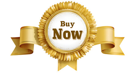Promotional golden badge with "Buy Now" and ribbons, on white or transparent background --ar 16:9 --v 7.0