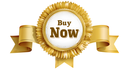 Promotional golden badge with "Buy Now" and ribbons, on white or transparent background --ar 16:9 --v 7.0