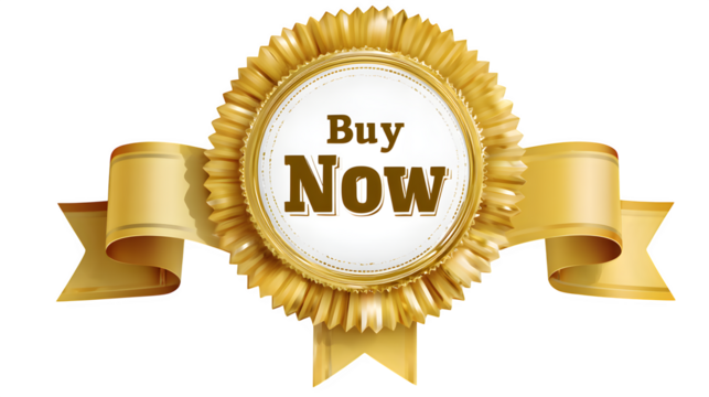 Promotional golden badge with "Buy Now" and ribbons, on white or transparent background --ar 16:9 --v 7.0