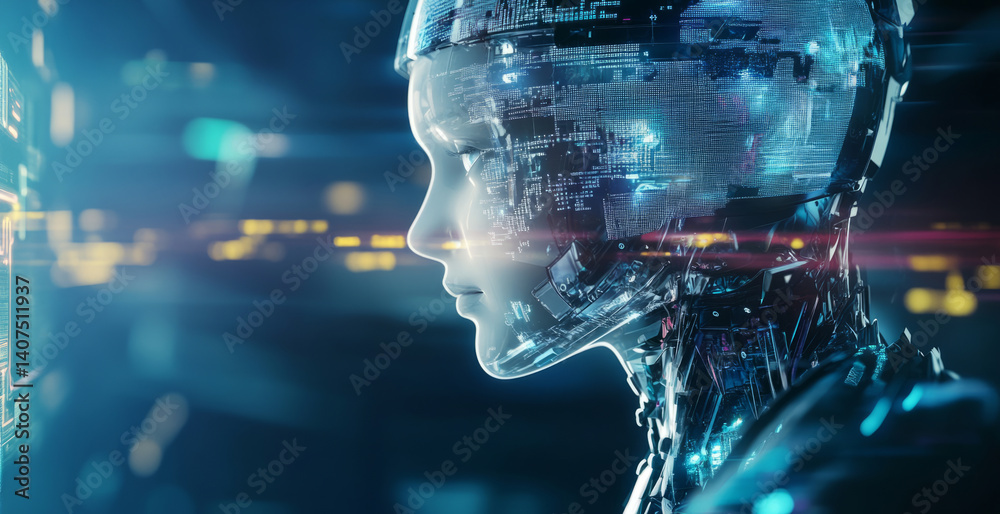 Poster An advanced synthetic robot reflects on its existence amid vibrant data streams, highlighting the blend of technology and human-like consciousness in a futuristic setting.