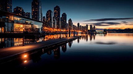 Evening urban landscape photography waterfront city lights reflection vancouver peaceful viewpoint serenity concept