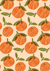 Hand drawn orange fruits seamless pattern on beige background. Overlay print style vector illustration