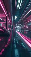 Futuristic pink neon corridor sleek vehicles parked