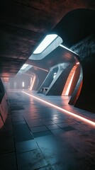 Fototapeta premium Futuristic corridor glowing orange blue concrete