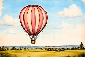 Fototapeta premium Colorful Hot Air Balloon Flying Over Beautiful Landscape Scenery