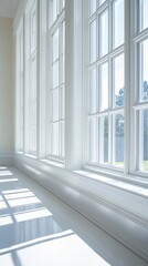 Obraz premium Bright Interior Architecture: White Windows with Sunlight Casting Dramatic Shadows, Fresh Perspective, Classic Design.