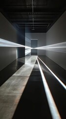 Light beams illuminate minimalist gallery hallway