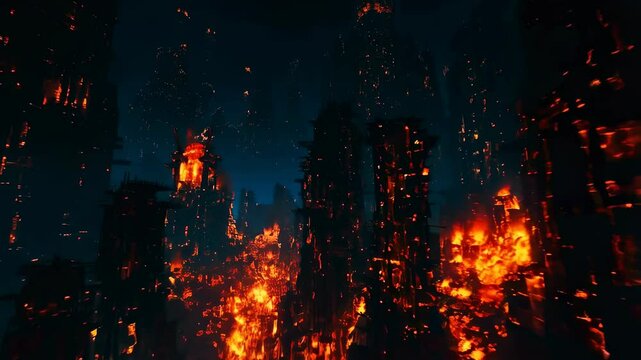 Intense urban inferno engulfs cityscape with towering flames