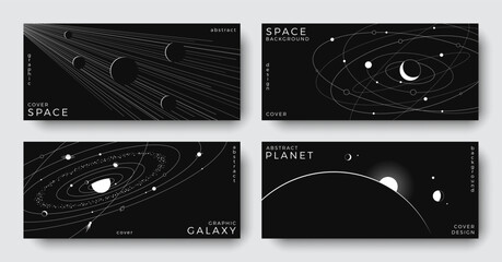 Set of abstract space astronomy horizontal backgrounds. Line art galaxy, universe, planet, solar system. Black and white science concept. Cosmic design for cover, poster, ads, banner, flyer, brochure © Anastasiya Stoma