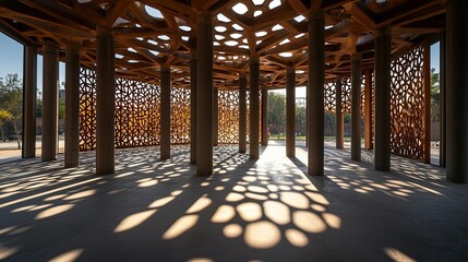 Sunlit pavilion, intricate wooden lattice, concrete columns.
