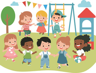 Obraz premium Flat Vector Illustration of Diverse Happy Children Playing Together at Playground with Smiles, Swings, Toys, and Fun Outdoor Activities in a Colorful Park Environment on a Sunny Day