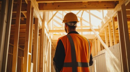 Construction worker inspecting the structural framework. Featuring attention to detail and safety