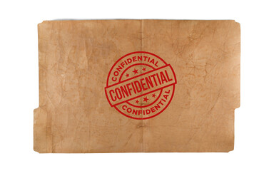 brown file folder marked Confidential with a stamp, old folder with a confidential stamp