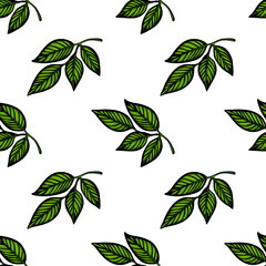 A seamless vector pattern of green leaves on a white background, featuring various leaf shapes and sizes, ideal for nature-themed designs.