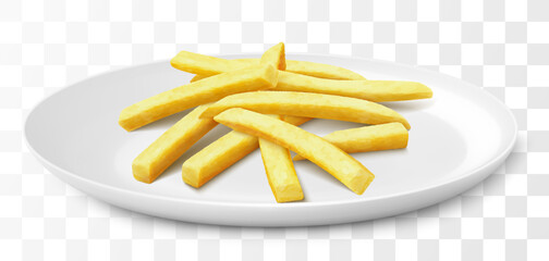 Delicious french fries on a white plate. French fries are deep-fried potatoes. Yellow sticks, isolated on white background. Fast Food. Unhealthy tasty food. Realistic 3d vector illustration.