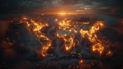 A vibrant illustration portrays a world map glowing with dynamic digital connections symbolizing data exchange and innovation across global networks set against dark grey tones.