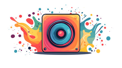 Vibrant Flat Design Illustration of a Speaker with Splash Effects and Colorful Elements