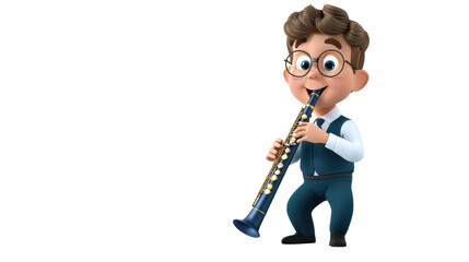 Cheerful and animated cartoon character in formal attire playing the clarinet with a lively and enthusiastic expression