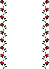 A decorative border featuring vector red roses and green leaves on a white background, creating a romantic and elegant frame.