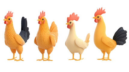 Fototapeta premium A group of four vibrant domestic chickens including roosters and hens standing together in a studio setting