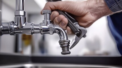 Fototapeta premium Plumber fixing pipes under a kitchen sink. Featuring problem-solving and efficiency