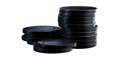 Stack of glossy black poker chips with subtle reflections on a black background --ar 16:9 --v 7.0