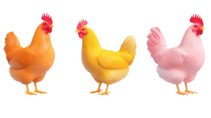 Fototapeta premium A group of three bright and fluffy chickens in different colors orange yellow and pink standing against a clean white background with copyspace