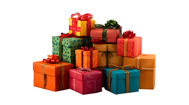 Stack of wrapped gift boxes for sale promotion isolated on transparent background --ar 16:9 --v 7.0