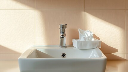 Sunlit bathroom sink with tissues.