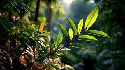 Obraz premium Golden Sunlight Cutting Through Thick Jungle Foliage at Dusk