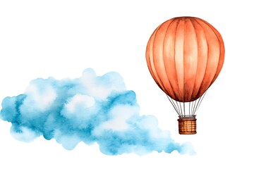 Naklejka premium Colorful Hot Air Balloon Floating Above Blue Watercolor Clouds