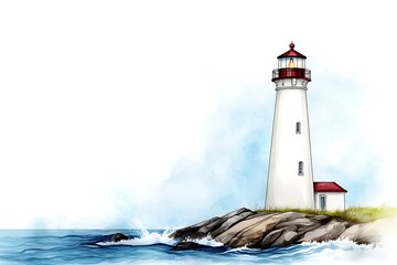 Obraz premium Bright Coastal Lighthouse on Rock Formation with Ocean Waves