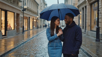 Rainy Day Romance: A couple shares an intimate moment under an umbrella on a rainy day, their laughter echoing through the cobblestone streets of the city. The ambiance is romantic.