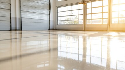Modern Industrial Warehouse Interior with Reflective Flooring and Bright Natural Light from Large Windows
