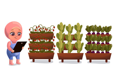 Illustration of a child doing gardening and animal husbandry
