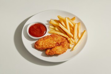A plate with crispy chicken tenders golden fries and a side of vibrant red ketchup on a white surface