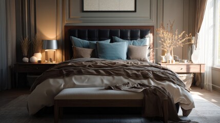 Luxurious bedroom with a cozy bed, soft lighting, and elegant decor.